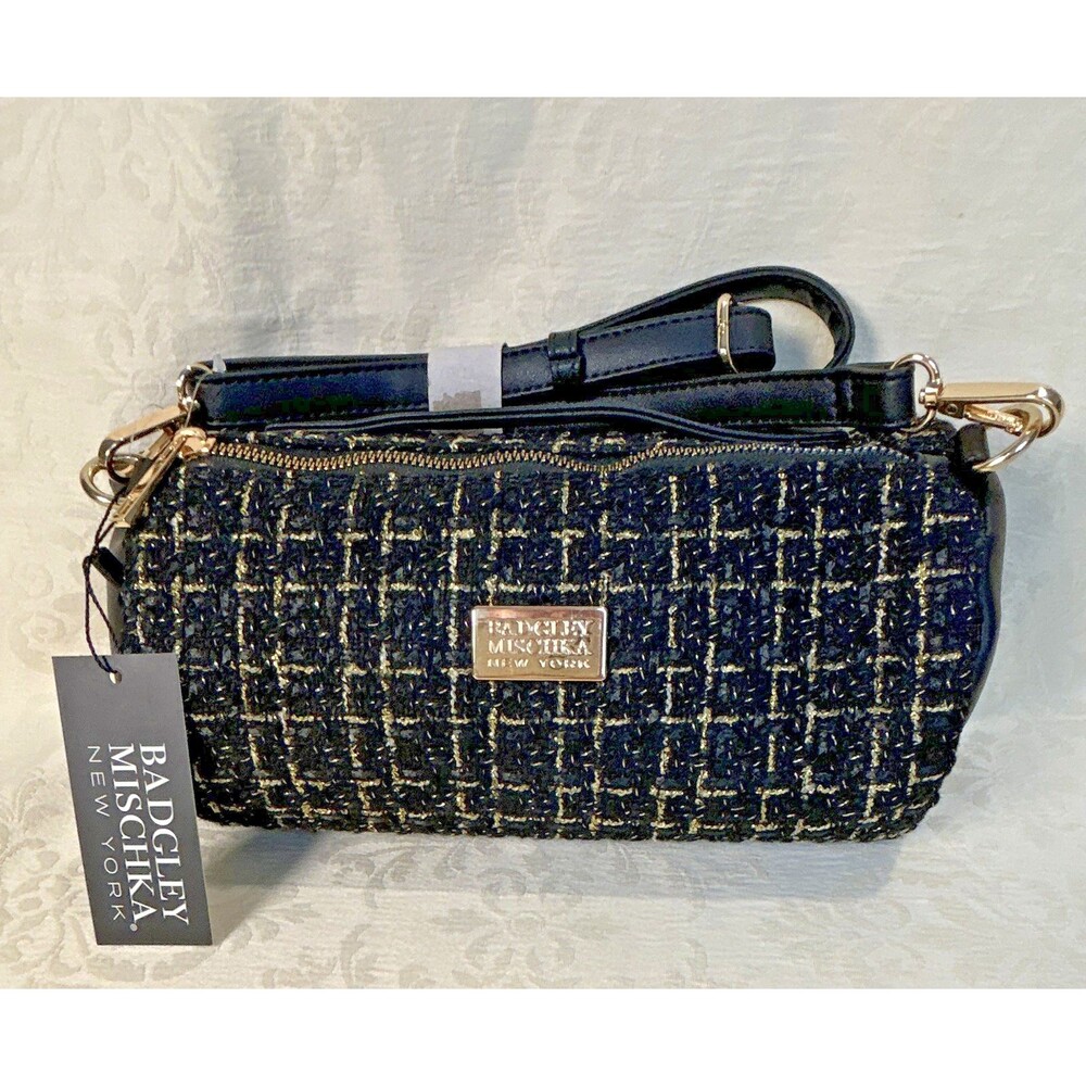 "Badgley Mischka NWT Black Gold Tweed Crossbody Bag Camera Bag Purse Evening"